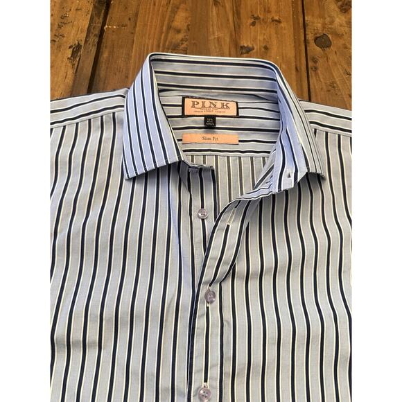 Pink Thomas Pink Men’s Button Shirt Size 16.5 42 Slim Fit Striped Office Preppy - Picture 3 of 11